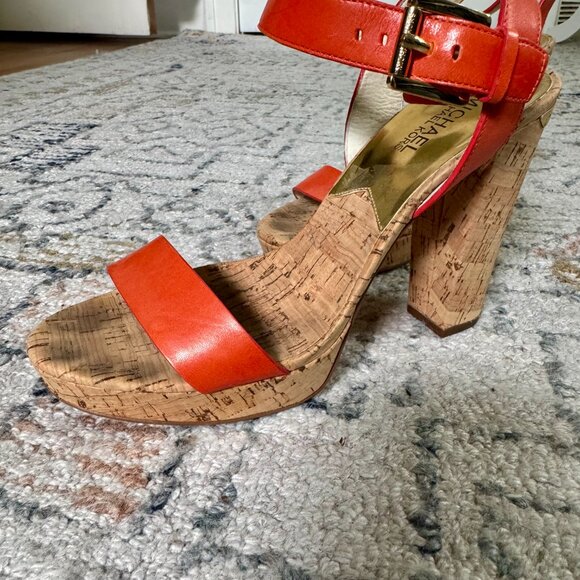 michael kors | orange leather cork platform sandals | size 8.5 - Picture 2 of 4